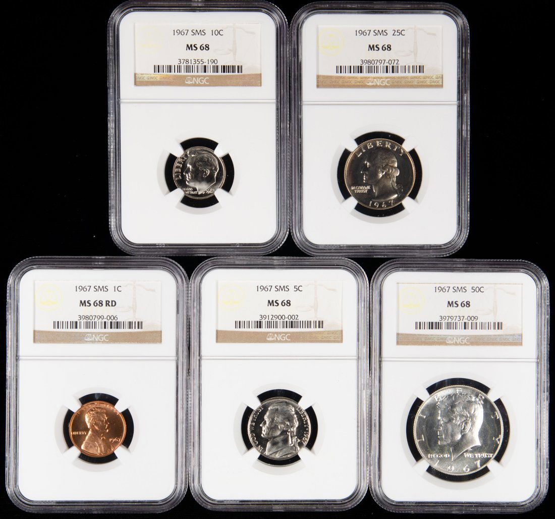 Five(5) 1967 United States SMS Set NGC MS68 - Half, Quarter, Dime, Nickel, Cent (1 of 2)
