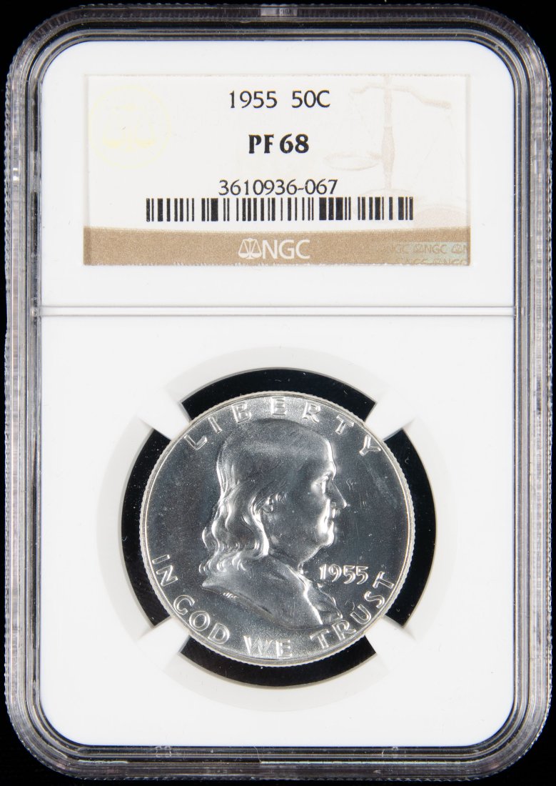 1955 United States Ben Franklin Proof Half Dollar NGC PF68: 1955 United States Ben Franklin proof half dollar graded NGC PF68. Certification #: 3610936-067. Please see the pictures for details of condition.