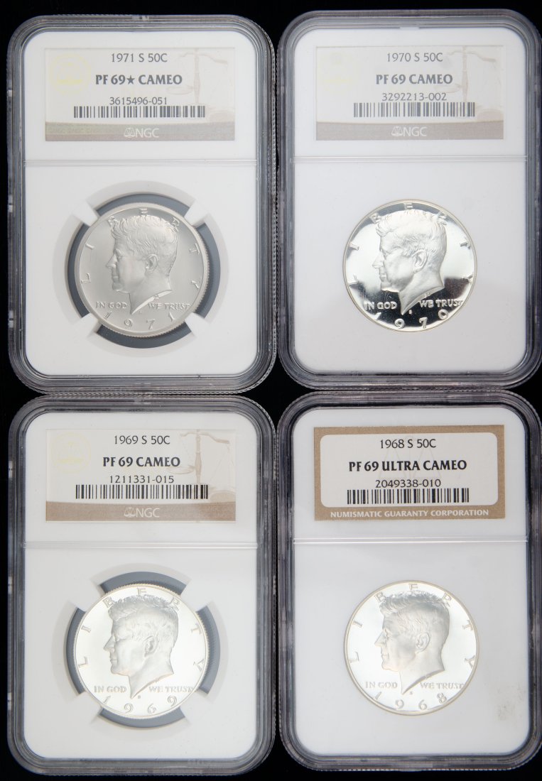 Four(4) 1968-1971(S) United States JFK Proof Half Dollars NGC PF69 Cameo: Four(4) 1968-1972(s) United States JFK proof half dollars all graded NGC PF69 cameo. One having a star designation and one having ultra cameo. Please see the pictures for details of condition.
