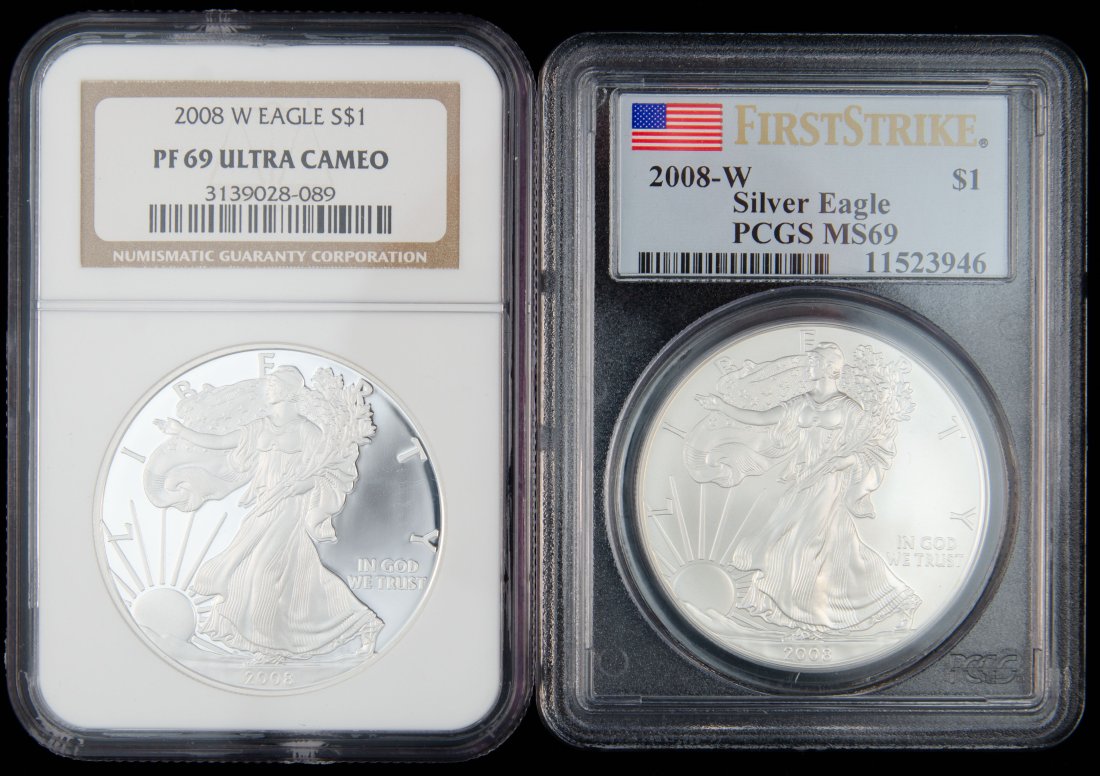 Two(2) 2008-W United Proof & Business Strike 1oz Silver Eagle NGC & PCGS MS & PF69 (1 of 2)