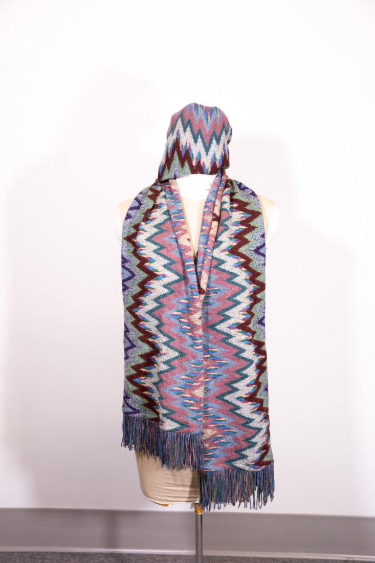 Missoni Jacquard Knit Hat and Scarf: Missoni jacquard knit hat and scarf with fringe.