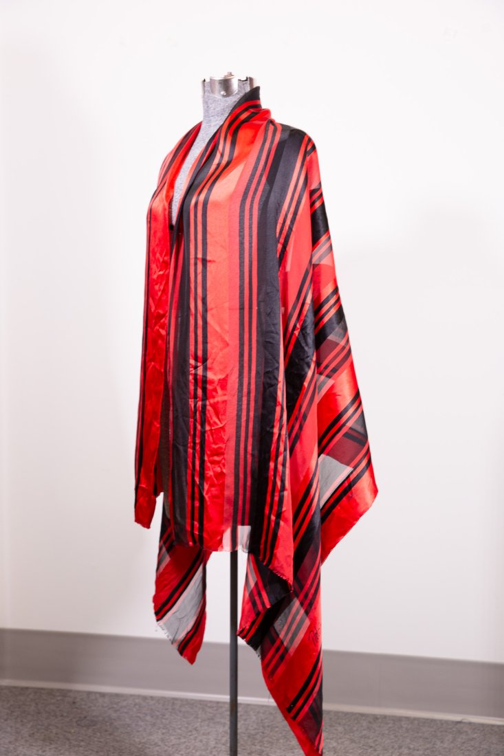 Paloma Picasso Oversize Silk Scarf: Paloma Picasso red and black striped oversize silk scarf, 70" x 34"