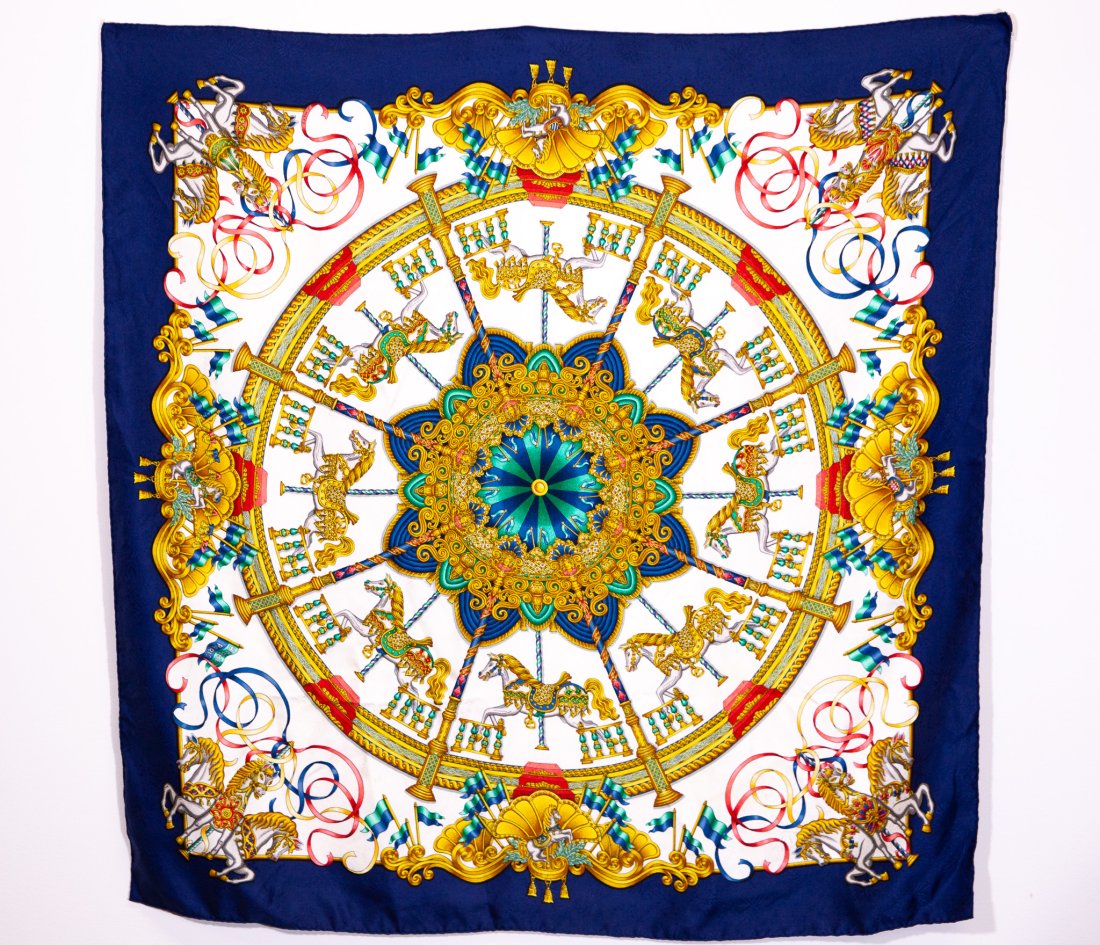 Hermes 'Luna Park' Silk Scarf: Hermes 'Luna Park' silk scarf, white and navy, 34.5" x 34.5"