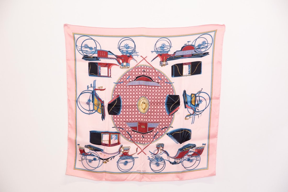 Hermes 'Les Voitures a Transformation' Rose Silk Scarf: Hermes Les Voitures a Transformation silk scarf in rose, 26" x 27". With original box.