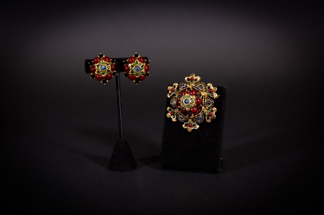 Barrera Brooch and Earrings: Vintage Barrera Byzantine style (after Chanel) faux multi-sone brooch with matching Barrera clip earrings.