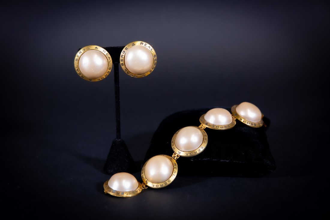 Serge & Real Earrings and Bracelet: Vintage Serge & Real (after Chanel) faux pearl and gold plates clip earring with matching bracelet.
