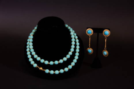 Martha Sturdy and Metall Turquoise Glass Jewelry: Martha Sturdy gold plate and turquoise glass barbell drop post earrings (2.5" drop) and Metal gold plate and turquoise glass round bead long necklace(38 inch).