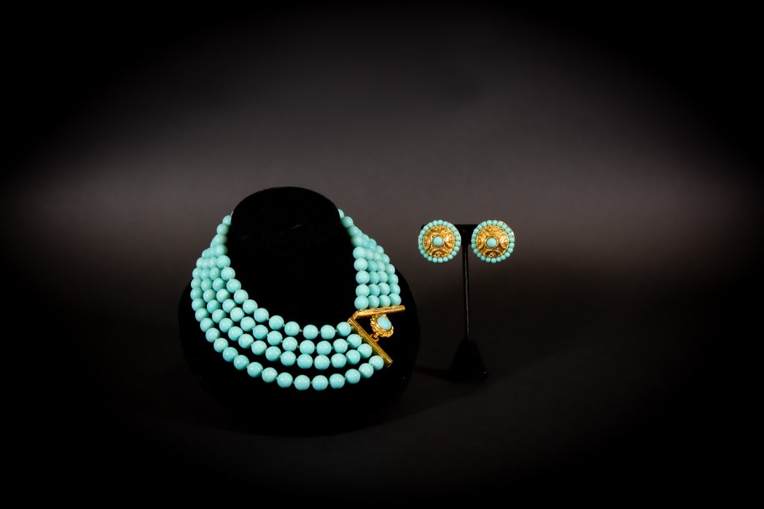 Barrera Turquoise Glass Necklace and Matching Aztec-Style Earrings (1 of 3)
