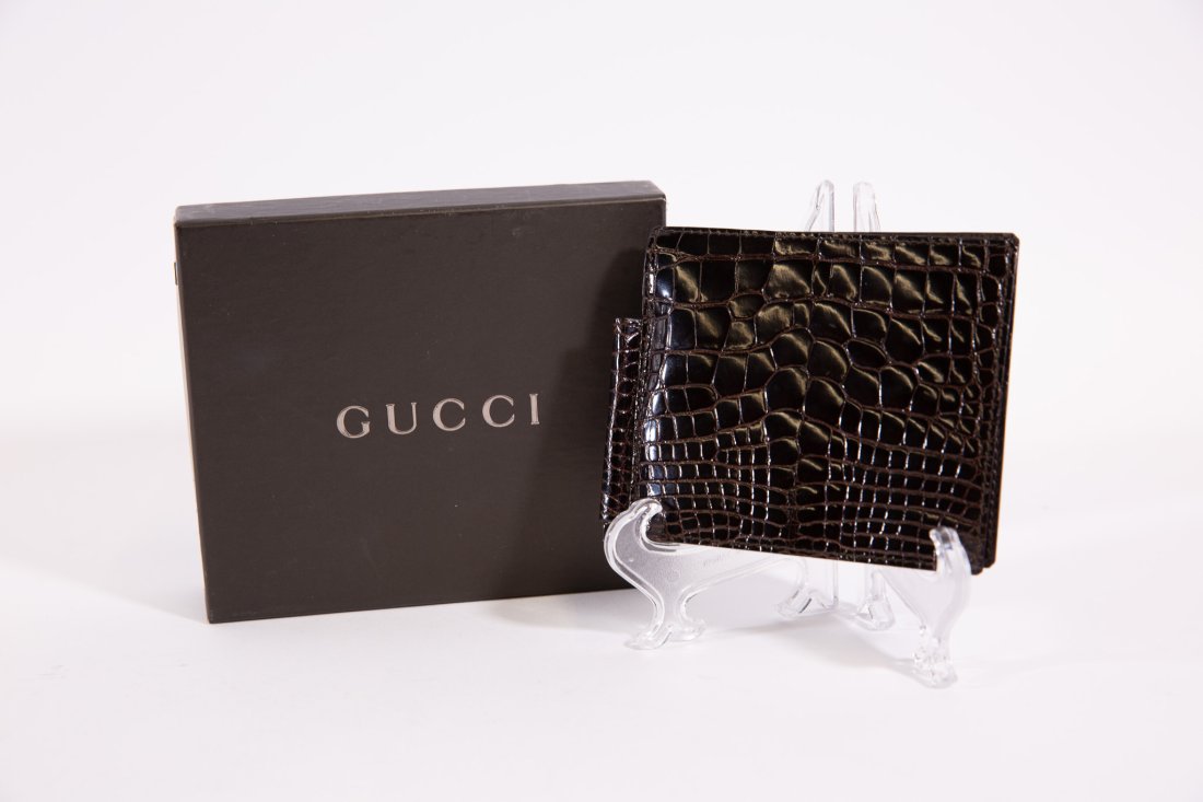Gucci Leather Crocodile Print Wallet: Gucci black leather crocodile embossed single fold wallet with money clip, new in box.