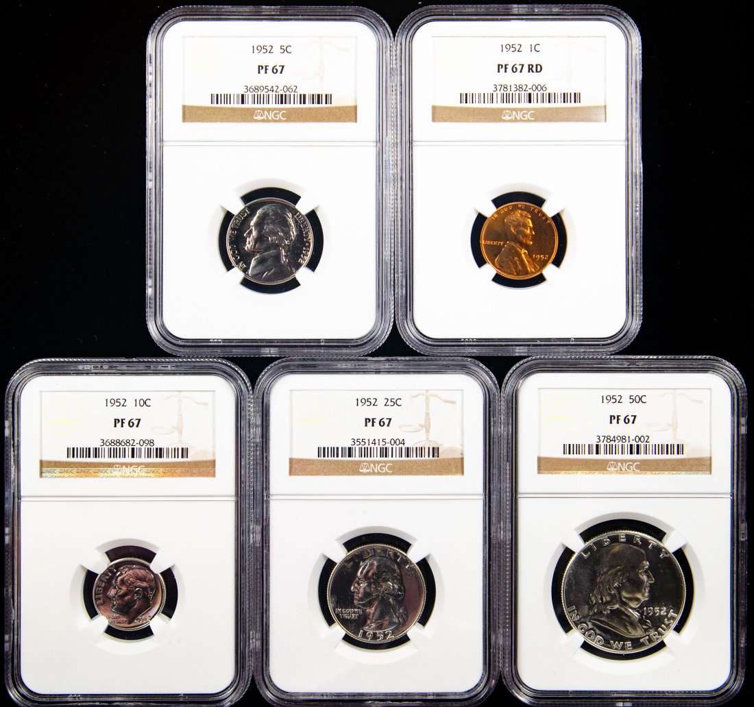 Five(5) 1952 United States Proof Set NGC PF67 - Half,Quarter, Dime, Nickel, Cent (1 of 2)