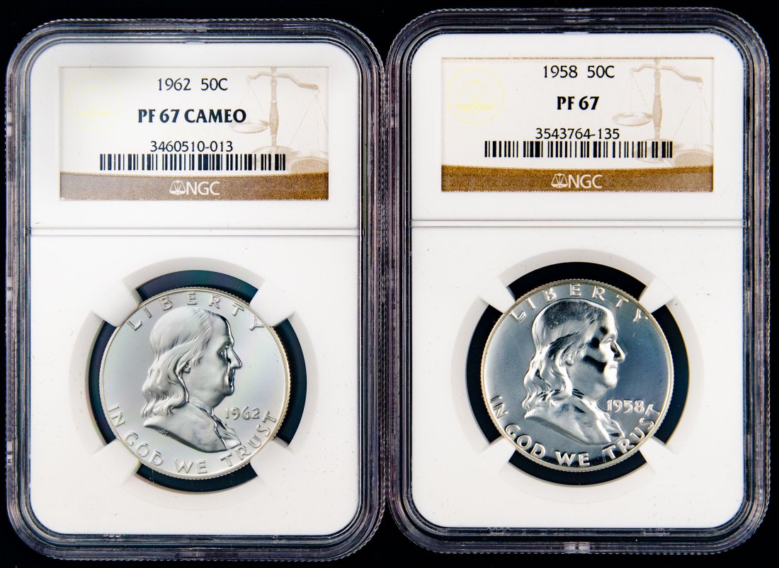 1962 & 1958 United States Proof Ben Franklin Half Dollar NGC PF67 & PF67 Cameo (1 of 2)
