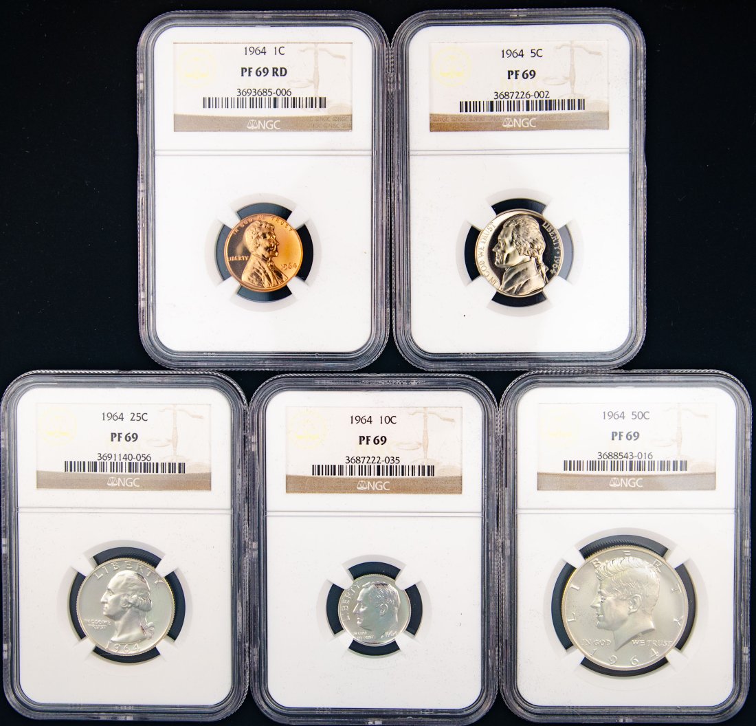 Five(5) 1964 United States Proof Set NGC PF69 - Half, Quarter, Dime, Nickel, Cent (1 of 2)