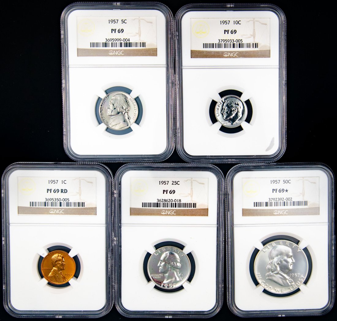 Five(5) 1957 United States Proof Set NGC PF69 - Half, Quarter, Dime, Nickel, Cent (1 of 2)