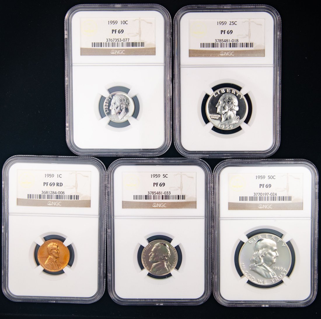 Five(5) 1959 United States Proof Set NGC PF69 - Half, Quarter, Dime, Nickel, Cent (1 of 2)