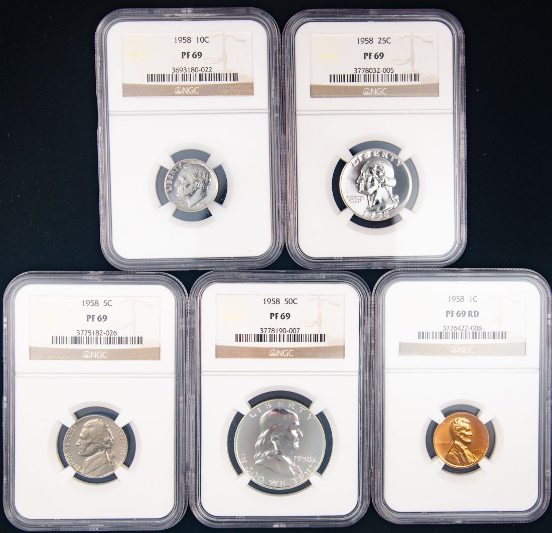 Five(5) 1958 United States Proof Set NGC PF69 - Half, Quarter, Dime, Nickel, Cent (1 of 2)