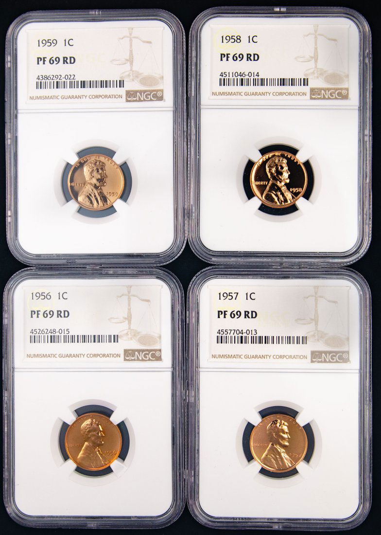 Four(4) 1956-59 United States Proof Lincoln Cents NGC PF69RD (1 of 2)