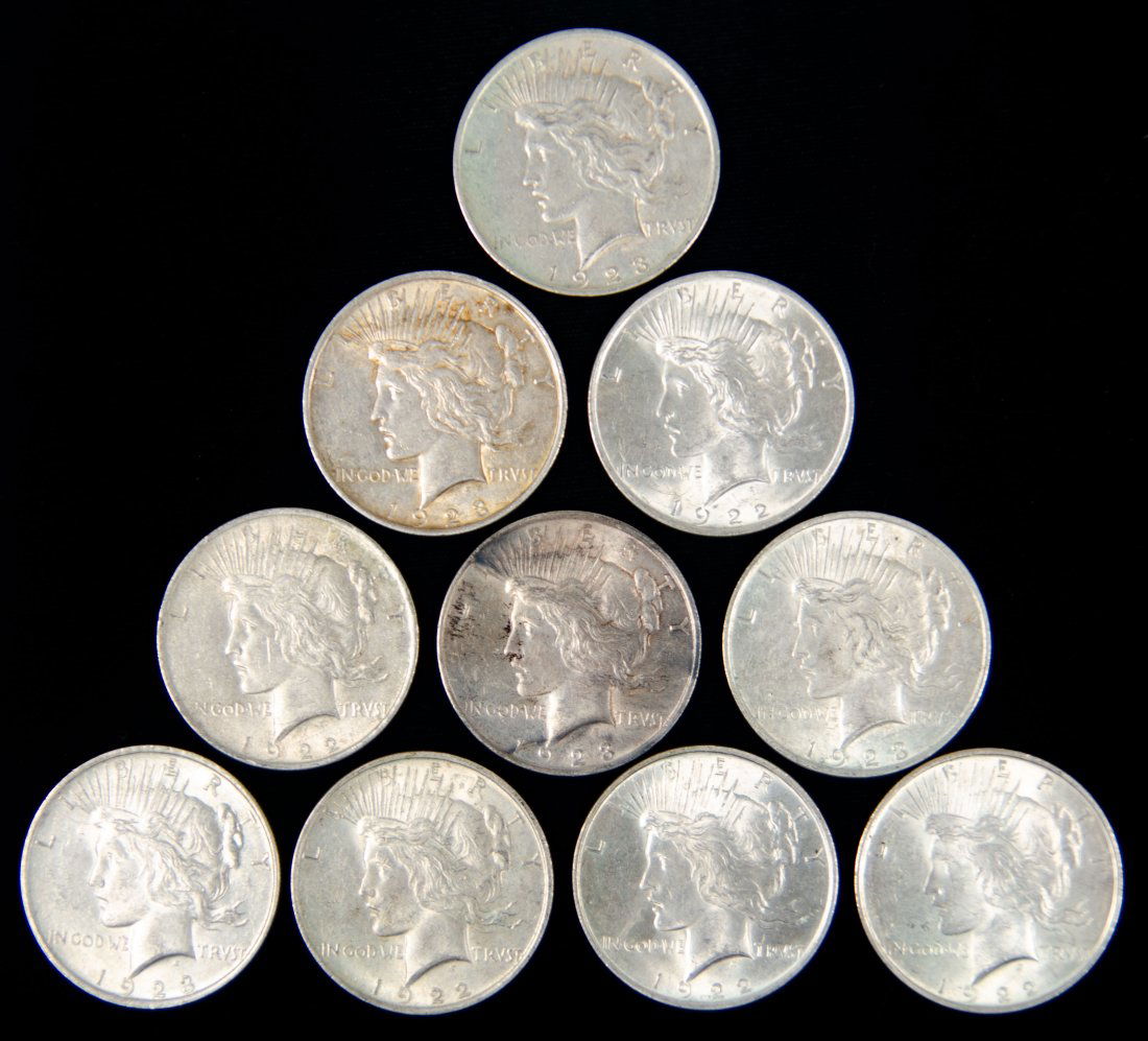 Ten(10) Mixed Date United States Silver Peace Dollars (1 of 2)