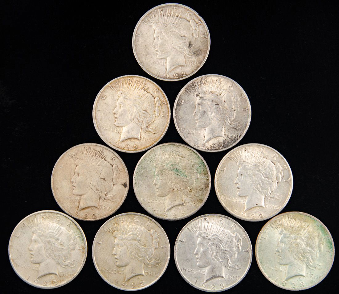Ten(10) Mixed Date United States Silver Peace Dollars (1 of 2)