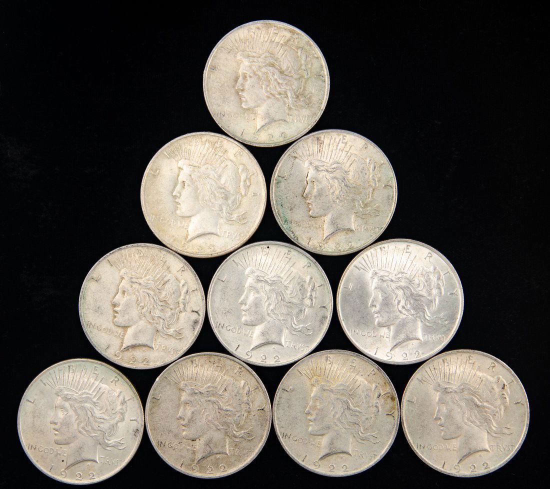 Ten(10) 1922 United States Silver Peace Dollars (1 of 2)