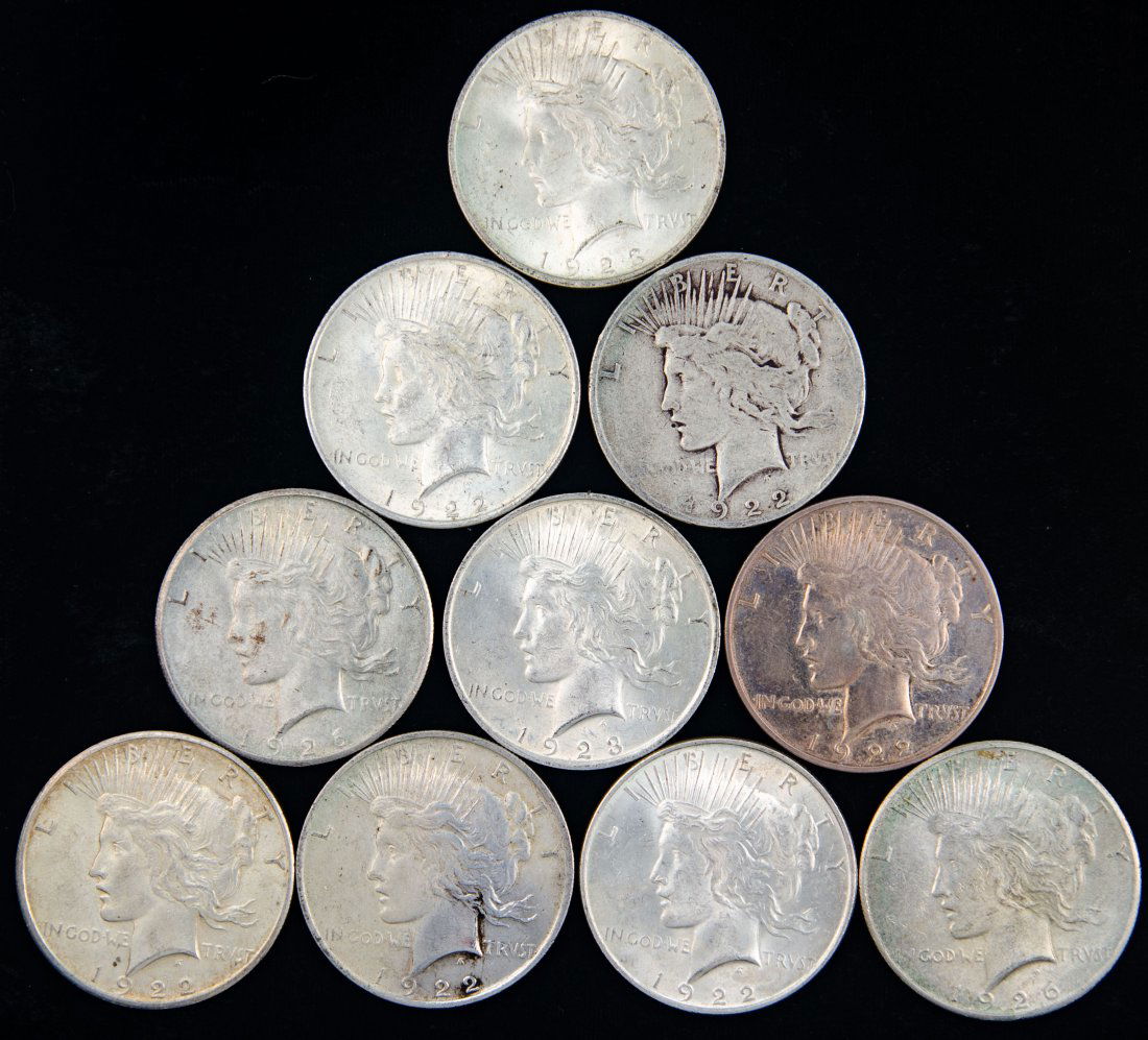Ten(10) Mixed Date United States Silver Peace Dollars (1 of 2)