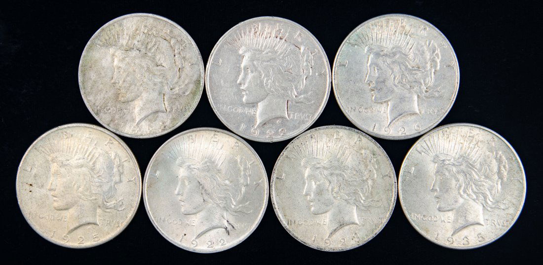 Seven(7) Mixed Date United States Silver Peace Dollars (1 of 2)