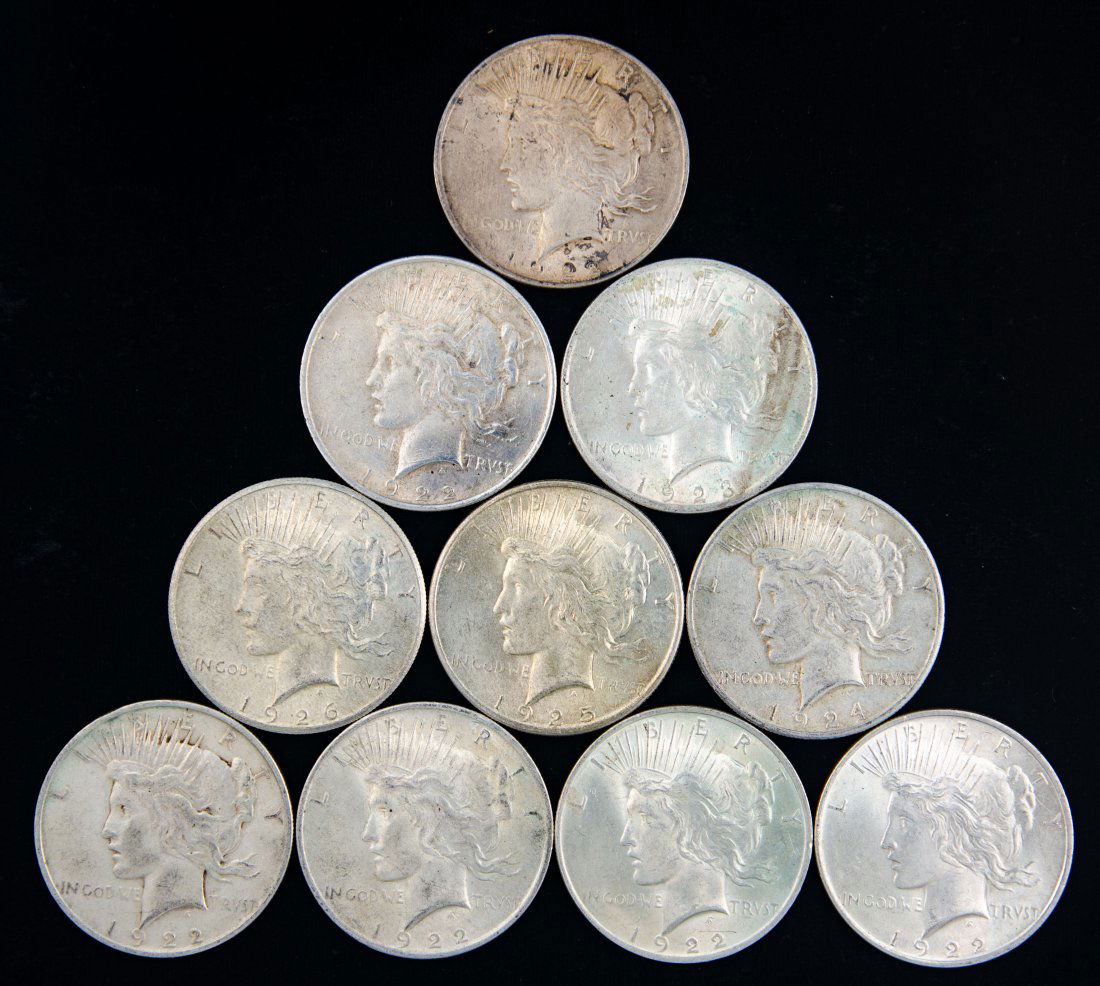 Ten(10) Mixed Date United States Silver Peace Dollars (1 of 2)