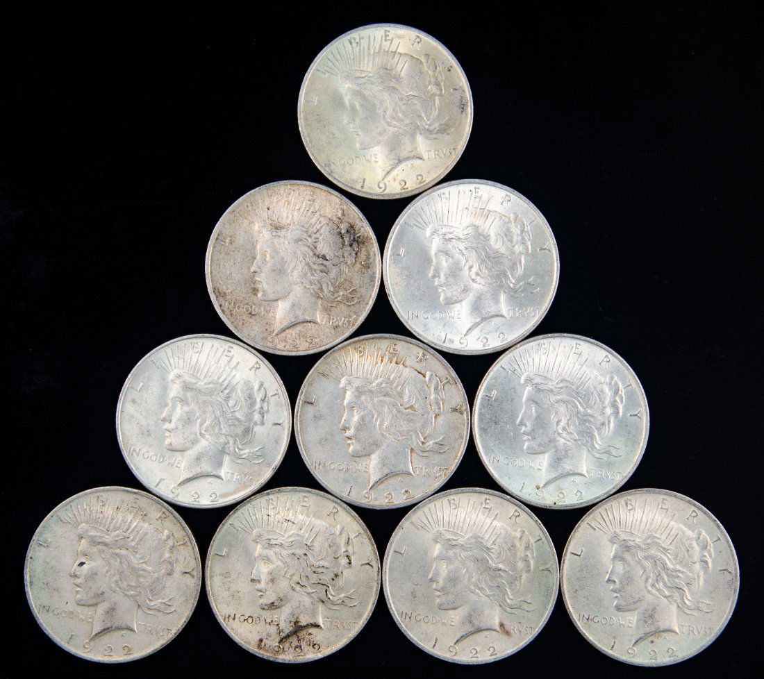 Ten(10) 1922 United States Silver Peace Dollars (1 of 2)