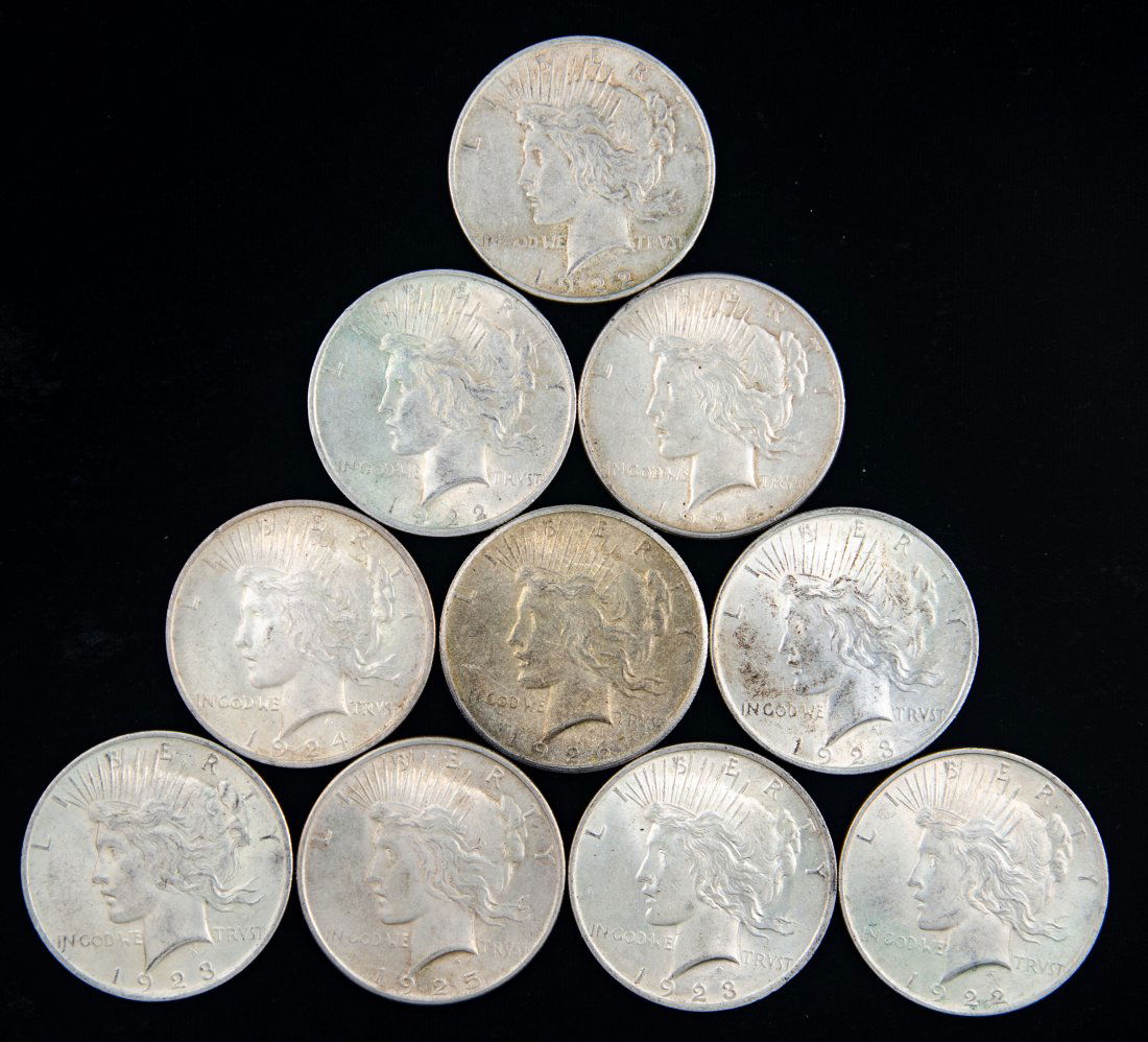 Ten(10) Mixed Date United States Silver Peace Dollars (1 of 2)