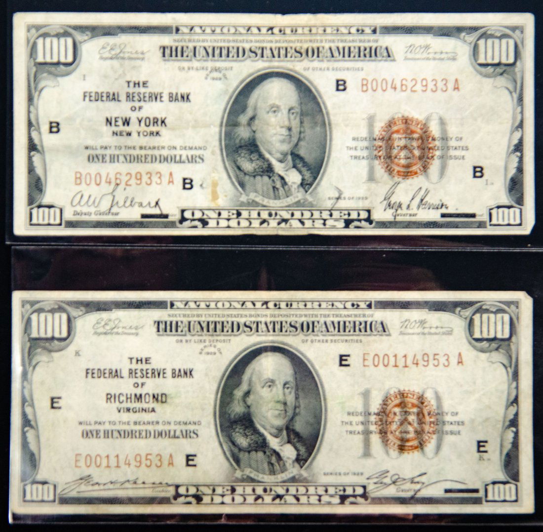 Two(2) 1929 United States $100 National Currency Notes (New York & Richmond) (1 of 2)