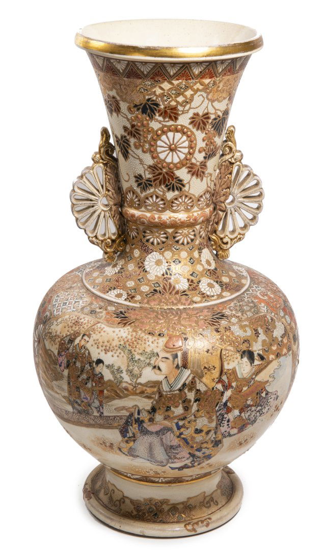 Large Japanese Satsuma Vase w/ Fan Handles early 20th C. (1 of 6)