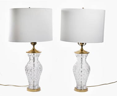 Waterford Crystal Glass Table Lamps- Pair: A pair of Waterford crystal glass and gold table lamps. Both stamped for Waterford. Each measures 27H(to finial) x 6W(body)