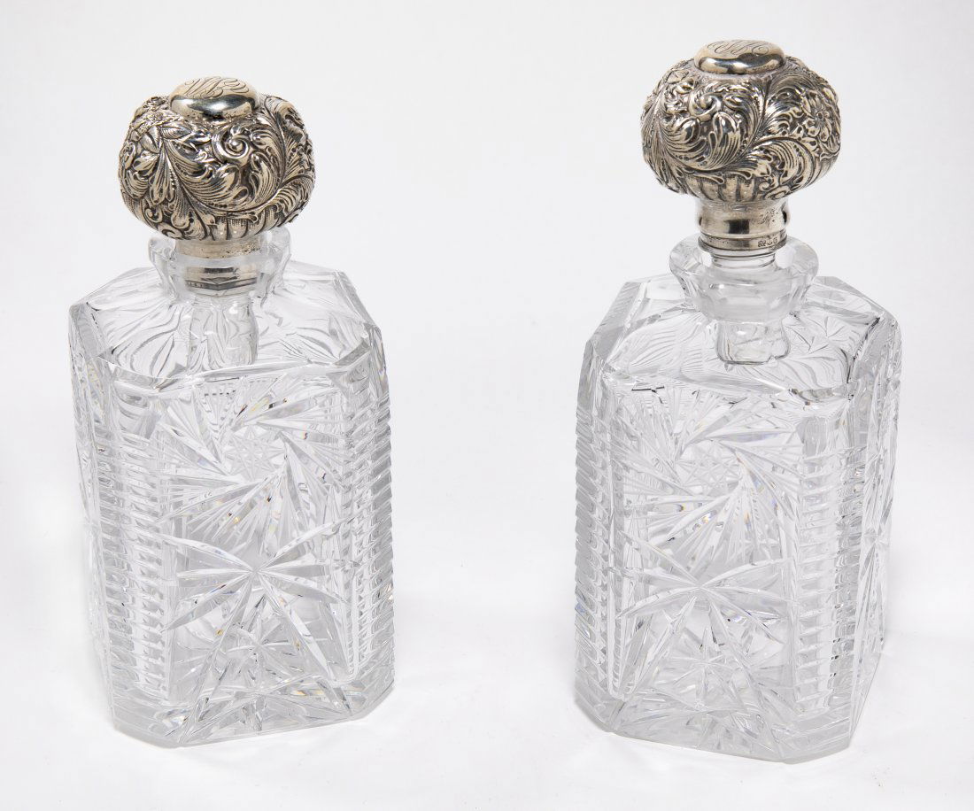 Pair American Cut Glass Decanters w/ Gorham Sterling Silver Stoppes (1 of 3)