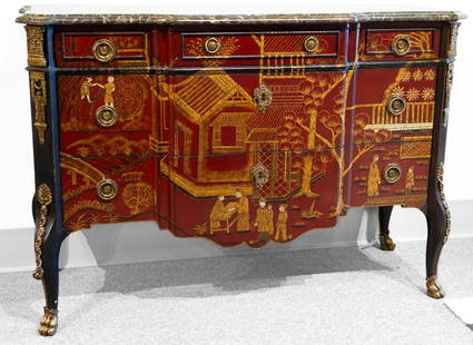 Maitland Smith Chinoiserie Chest of Drawers: A Maitland Smith chest of drawers having shaped marble top with inlaid brass on block front case with nine drawers and metal ormolu mounts. Measures 35H x 49W x 20D