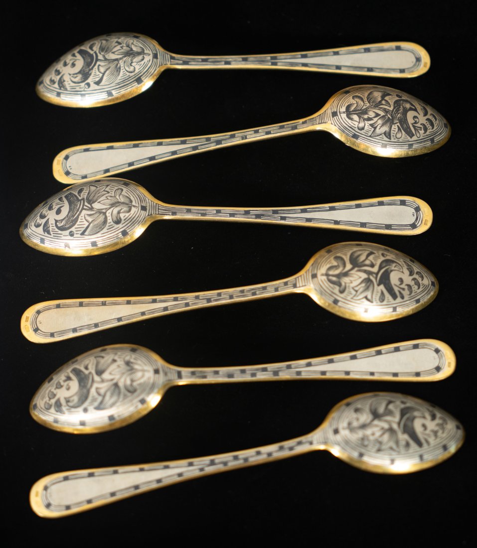 Six(6) Russian Gilt Silver Niello Teaspoons (1 of 6)