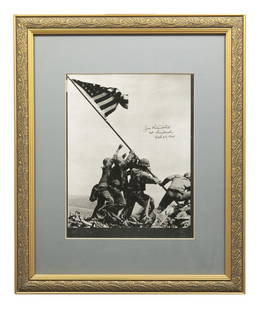 Joe Rosenthal (American, 1911-2006) "Mt. Suribachi(Iwo Jima)" Signed Photograph: Artist: Joe Rosenthal (American, 1911-2006) Medium: Photographic copy Title: Mt. Suribachi(Iwo Jima) Subject: Flag raising at Iwo Jima Image Size: 12.5H x 10W Date: N/A Edition Size: N/A Signature: S