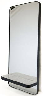 Crate & Barrel Iron Beveled Glass Mirror: A Crate & Barrel black iron beveled glass mirror with marble shelf. Measures 44H x 20W x 7.5D