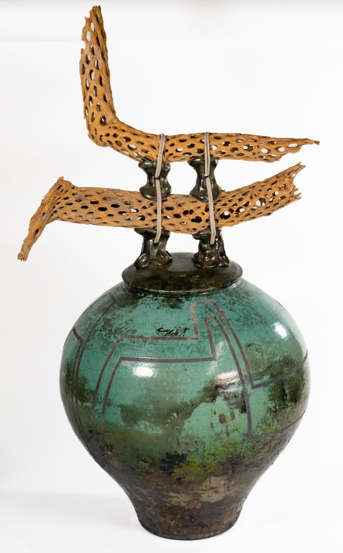 Large Artist Signed Raku Vessel with Cactus wood Handles (1 of 9)