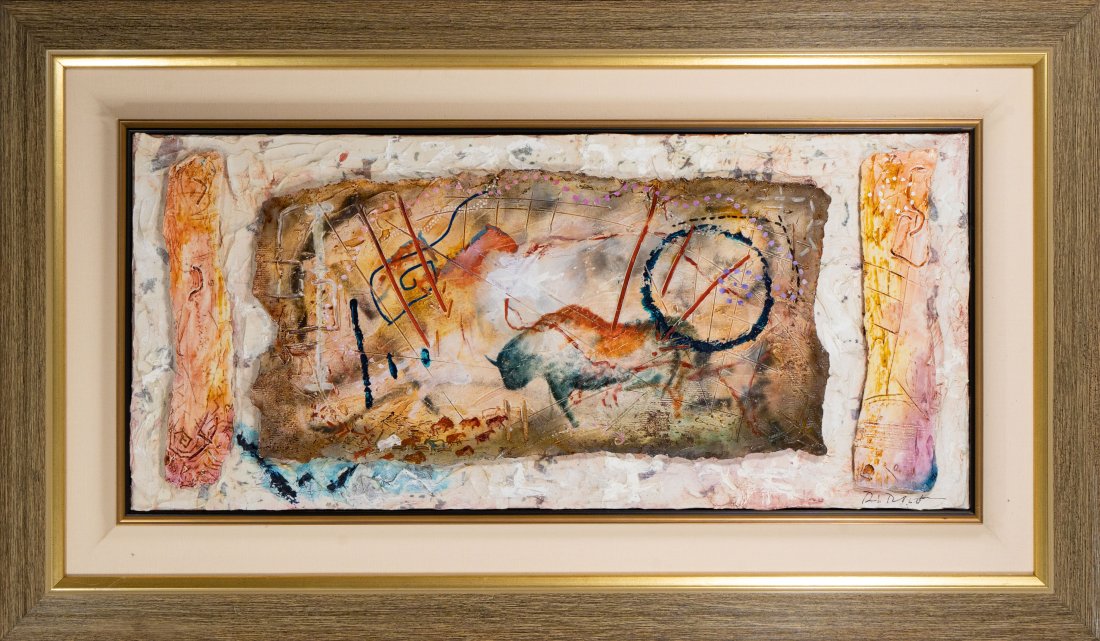 Original Mixed Media Encaustic Oil Canvas Prehistoric Buffalo Hunt (1 of 8)