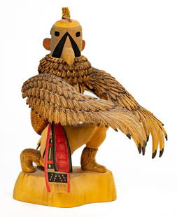 Richard Gorman "Eagle Kwahu" Kachina Doll: A Eagle Kwahu kachina doll by Richard Gorman. Carved and painted cottonwood. Signed and titled on the bottom. Size: 11.5H x 9W x 9D