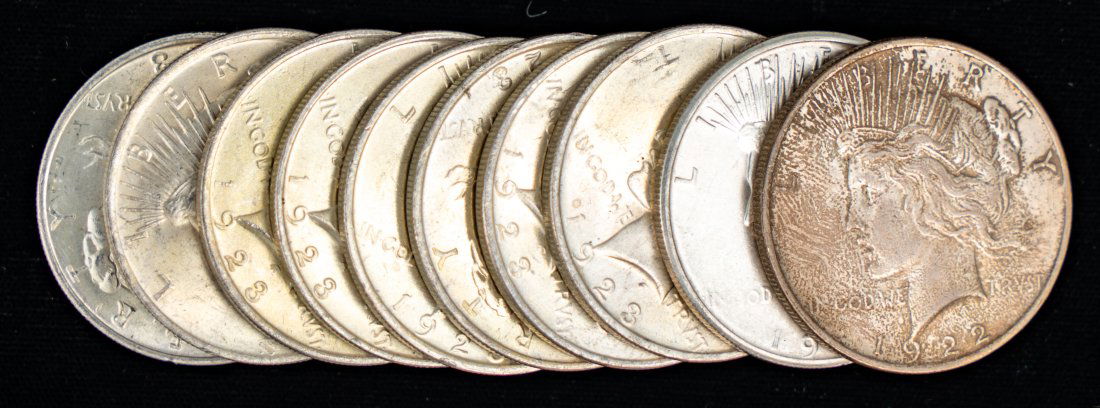 Ten (10) Mixed Date United States Silver Peace Dollars - AU+ (1 of 2)