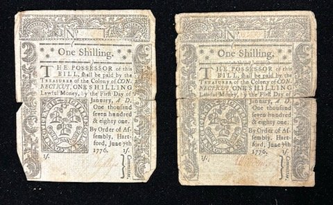 Two (2) 1776 United States Colonial Connecticut One Shilling Notes (1 of 2)