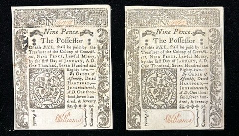 Two (2) 1776 United States Colonial Connecticut Nine Pence Notes (1 of 2)
