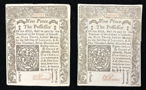 Two (2) 1776 United States Colonial Connecticut Nine Pence Notes (1 of 2)
