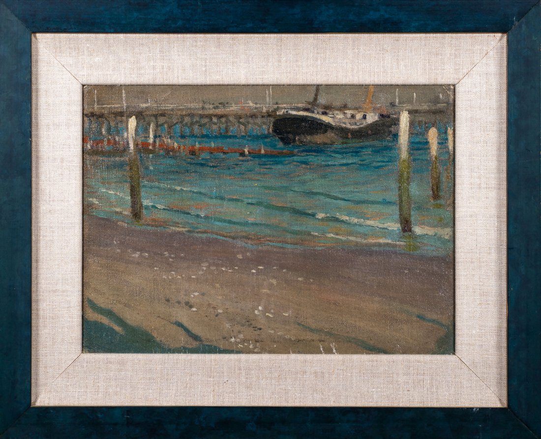 John Rutherford Boyd (American, 1882-1951) "Boat at Dock, Cape May" Oil on Board: John Rutherford Boyd (American, 1882-1951) "Boat at Dock, Cape May" oil on board painting. Frame Size: 15H x 18.5W x 1D, framed and matted.
