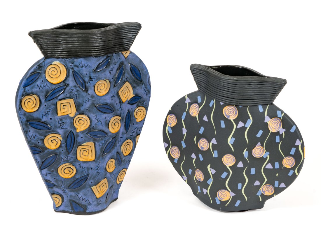 Two (2) Glazed & Painted Artisan Pottery Vases (Signed). (1 of 6)
