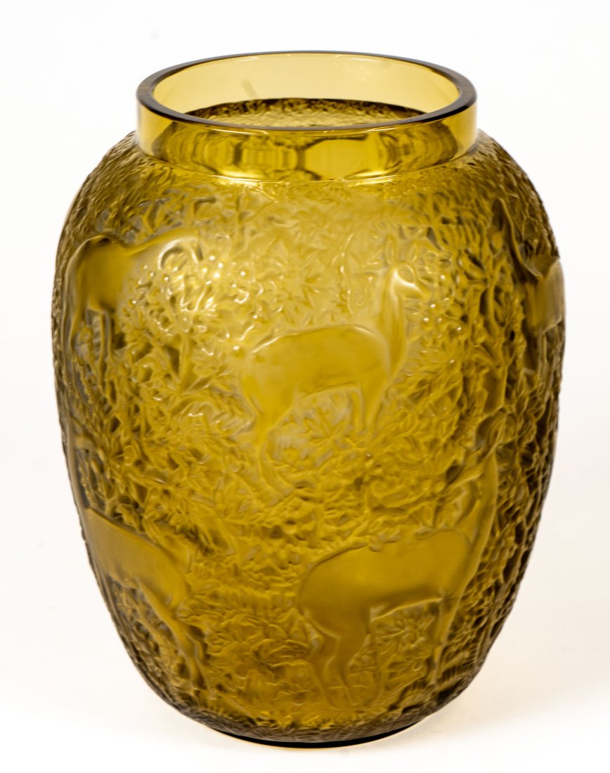 Lalique Frosted Amber Crystal "Biches" Deer Vase: A Lalique frosted amber crystal "Biches" deer vase. Signed on the underside for Lalique.