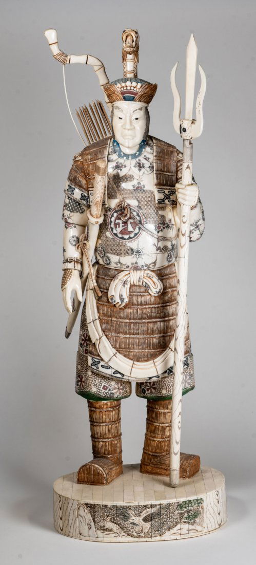 Large Tesselated Bone Samurai Sculpture 33.5": A tesselated bone samurai figure holding spear, sword under the arm and bow and arrow on his back.