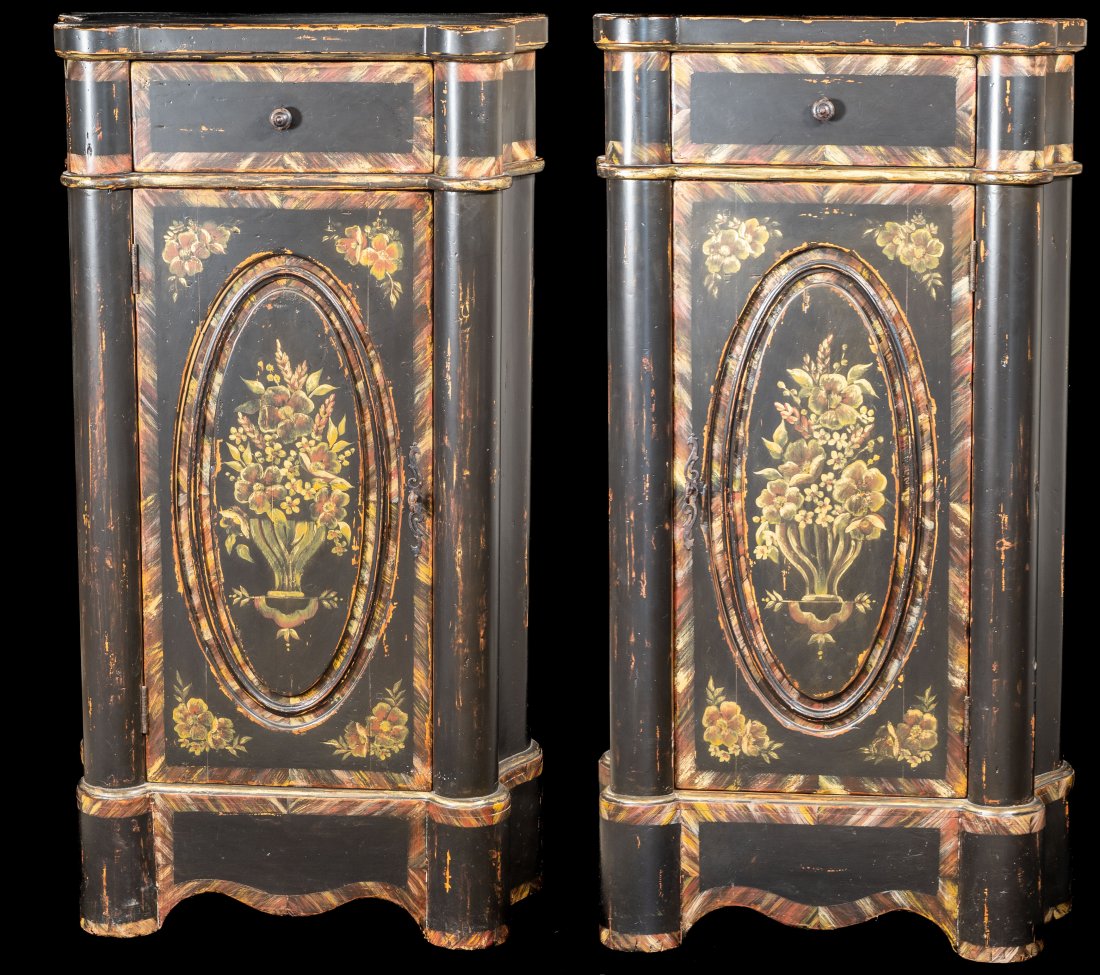 Pair of Tall Woodland Furniture Distressed Stenciled Wood Storage Cabinets (1 of 14)