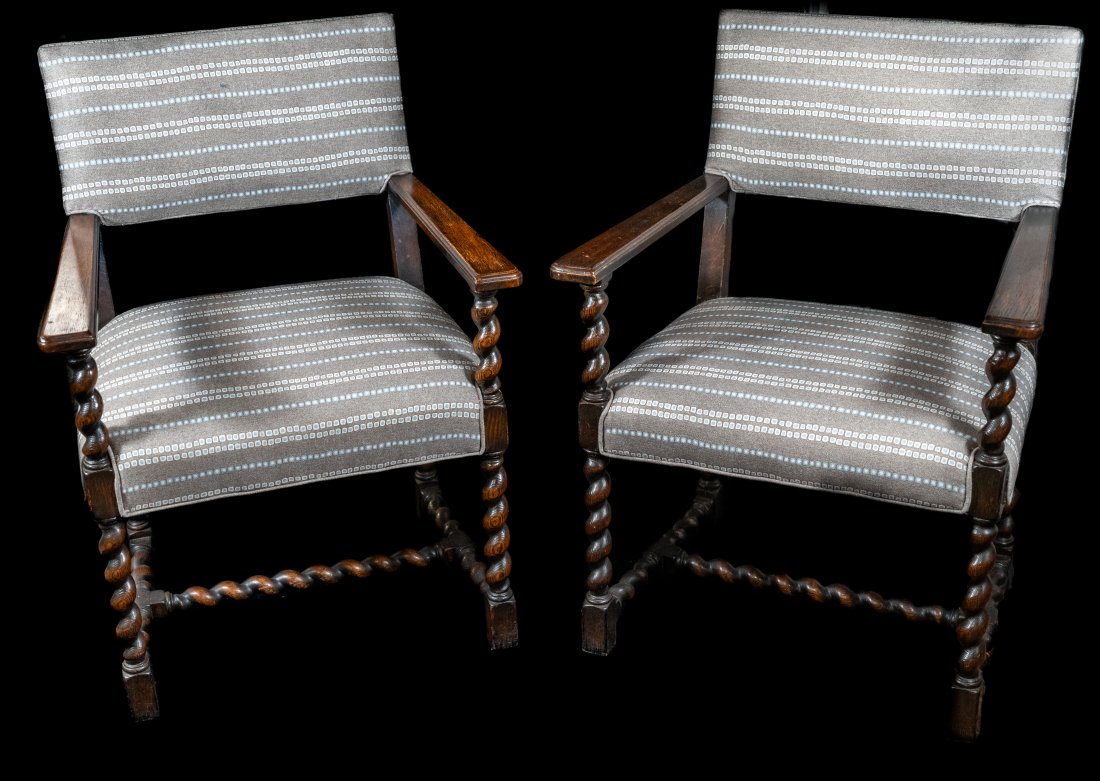 Pair of Antique Barley Twist Armchairs refinished and upholstered: A pair of antique barley twist armchairs having been refinished and with modern reupholstery.