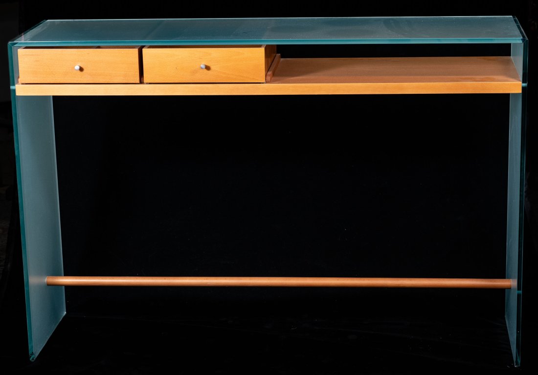 Rimadesio Post Modern Glass & Wood Desk: A Rimadesio post modern tempered glass and wood desk having two drawers.